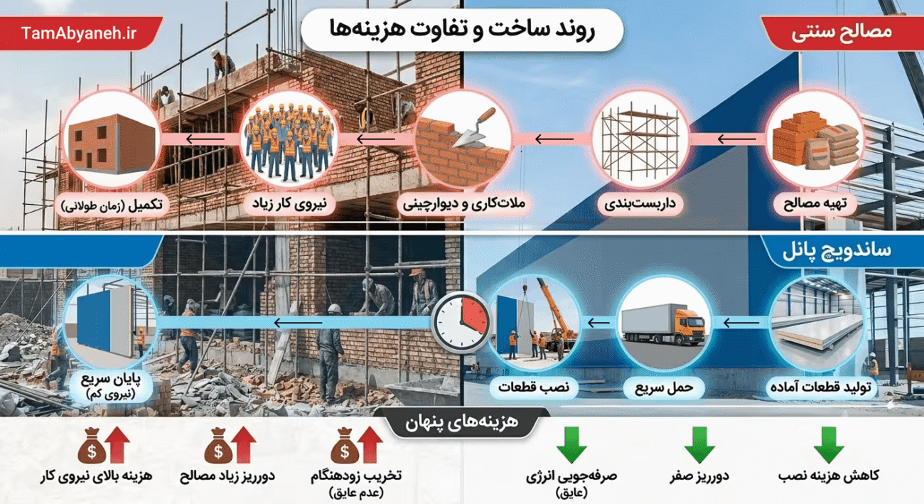 مقایسه هزینه ساندویچ پانل با مصالح سنتی در ساخت سوله صنعتی