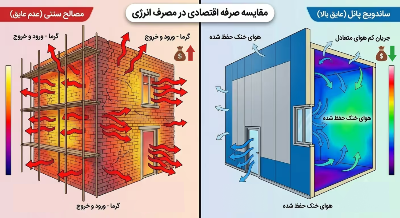 تفاوت میزان خروج گرما در ساندویچ پانل و دیواره آجری